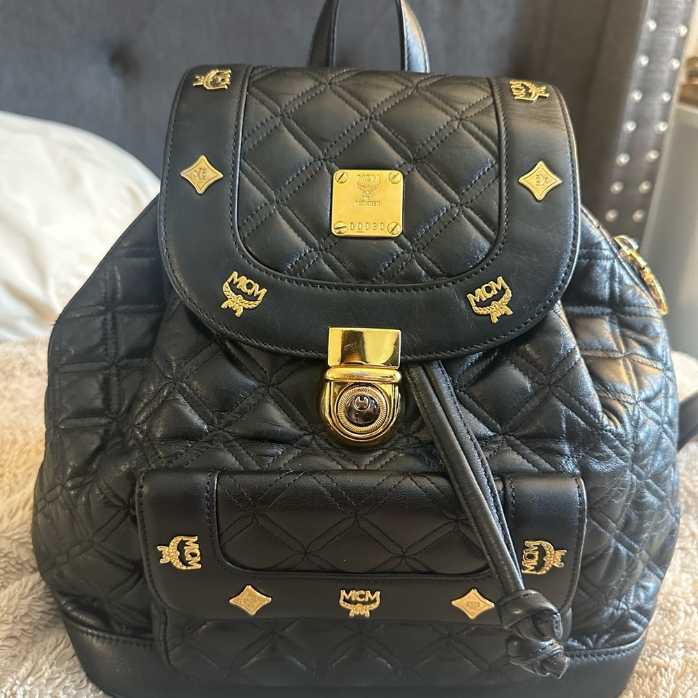 MCM Black and Gold Quilted Backpack